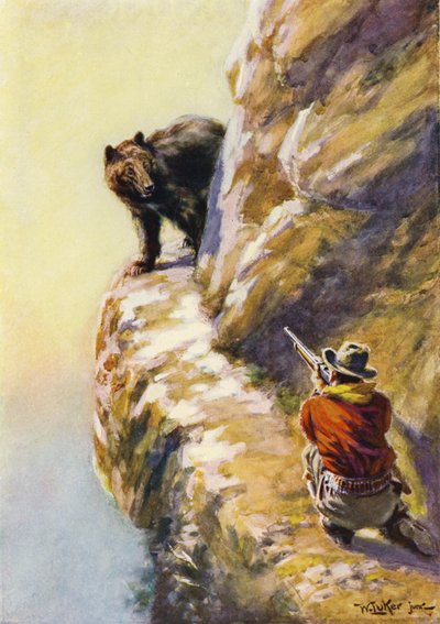 Confrontation between a man and a bear on a narrow mountain ledge by William Luker