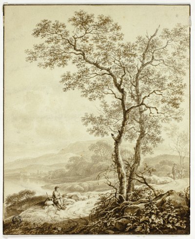 Winding Road Beside Lake, with Large Tree and Resting Traveler in Foreground by William Marshall Craig