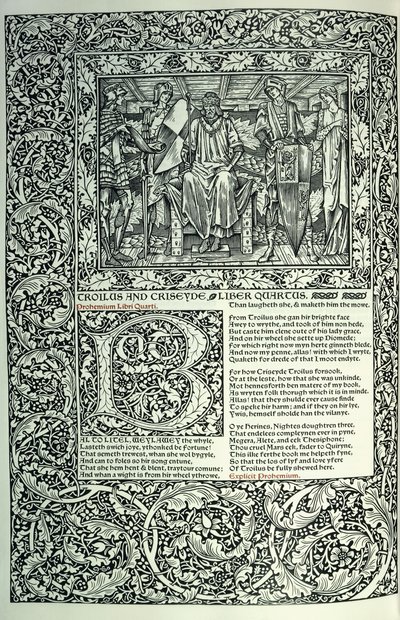Scene from Troilus and Criseyde, historiated initial B, manuscript with full page-border, 1896 by William Morris