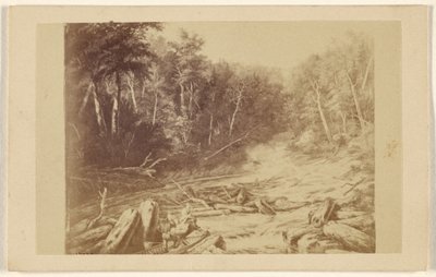 Copy of a painting depicting a river scene with a man in a canoe fishing by William Notman