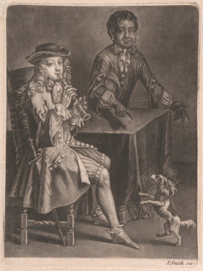 Two Young Men, One Playing a Recorder, the Other Pointing at a Dancing Dog by William Vincent