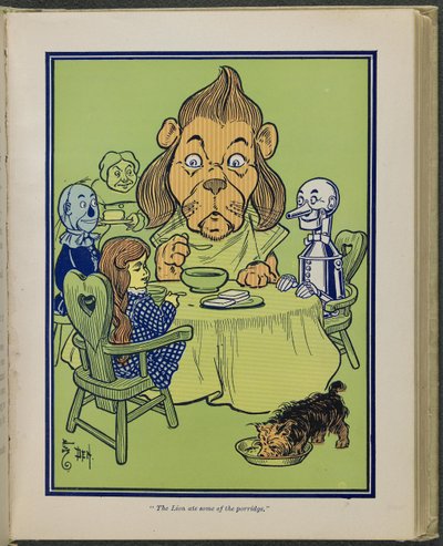 "The Lion ate some of the porridge", illustration from "The Wonderful Wizard of Oz" by Lyman Frank Baum by William Wallace Denslow