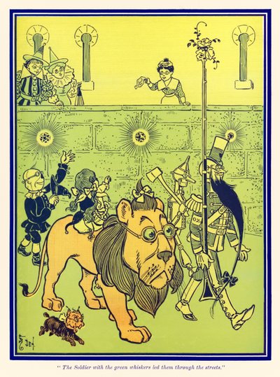 The Soldier with the green whiskers led them through the streets from The Wonderful Wizard of Oz by L. Frank Baum by William Wallace Denslow