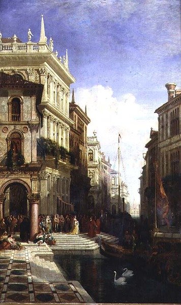 A Capriccio View of Venice with a Princess Being Shown to a Gondola at the Back of the Scuola di San Marco by William Wyld