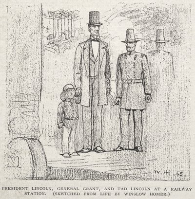 President Lincoln, General Grant, and Tad Lincoln at a Railway Station by Winslow Homer