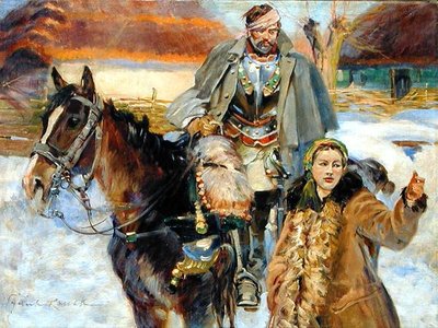 Wounded Cuirassier with a Girl, c.1930 by Wojciech Kossak