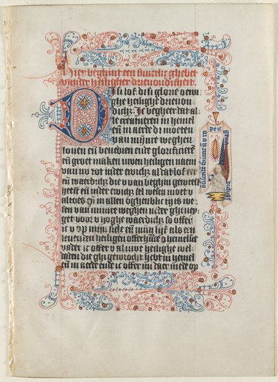 Leaf Excised from a Book of Hours: Angel with a Banderole within a Flourished Border by Workshop of the Convent of St.