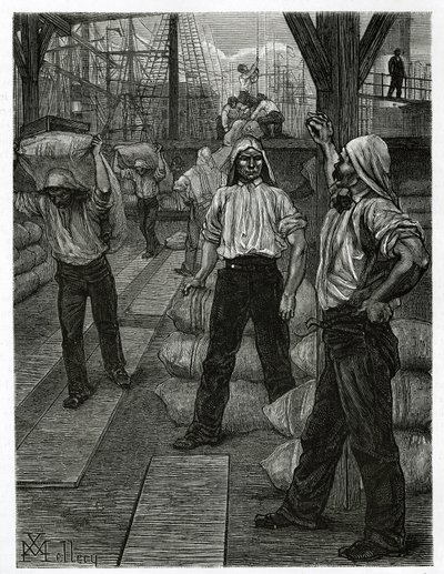 The unloading of a ship, the dockers with their heads covered with a tarmac cap, pile up the goods on the docks of the port of Antwerp. Engraving by X. Mellery, to illustrate the story of Belgium, by Camille Lemonnier, published in the Tour du monde by Xavier Mellery
