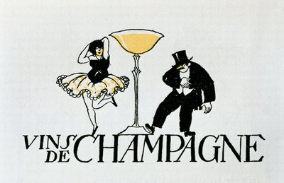 Advertising vignette for Champagne wines representing a couple dancing around a cup, 20th century by Xavier Nogues