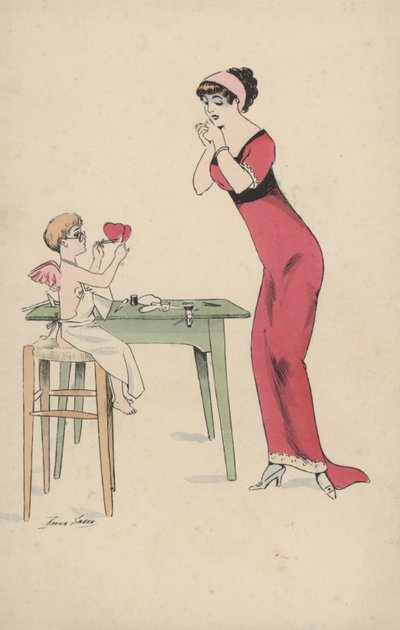 Girl Waiting for Two Hearts to be Spliced Together by Cupid by Xavier Sager