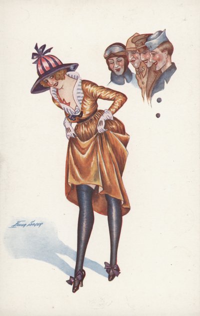 Pretty Girl, Pulling Up Her Skirt to Show Some Leg, to the Amusement of Soldiers by Xavier Sager