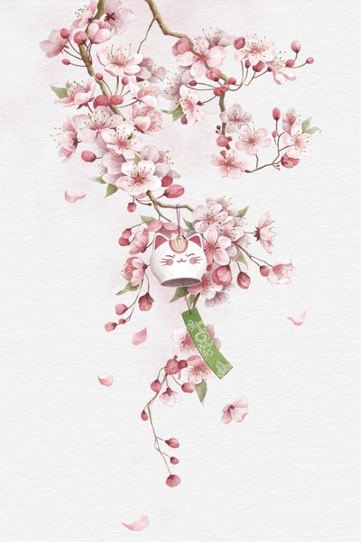 Sakura Lucky Cat Bell by Xuan Thai