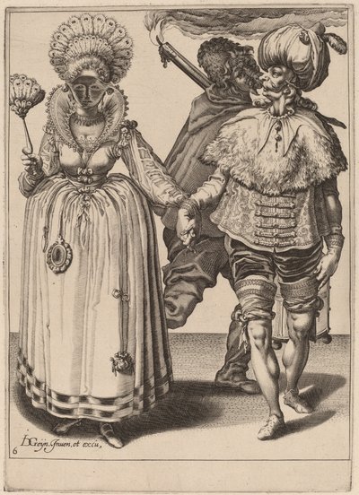 A Man with a Turban Leading a Woman Wearing Peacock Feathers by Zacharias Dolendo after Jacques de Gheyn II