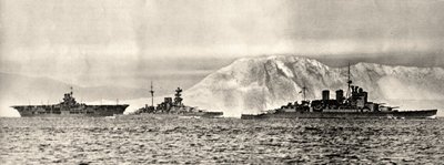 Ships HMS Ark Royal, HMS Malaya and HMS Renown leaving their base in Gibraltar, c.1940 by . .