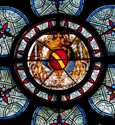 The oculus of the eardrum of one of the two windows of the chapel of Noailles, with the arms of the cardinal, Cathedrale Notre Dame de Paris - Paris 4 - XIIIth, XIIIth, XIXth, rehabilitation by Vi by . .