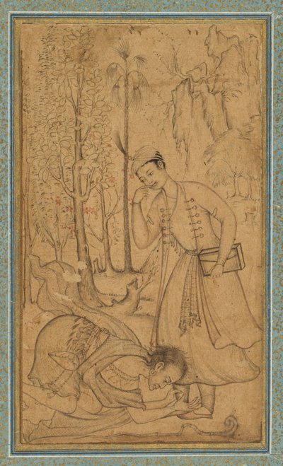 A Holy Man Prostrating Himself Before a Learned Prince, c. 1585 (border added probably 1700s) by   Manohar