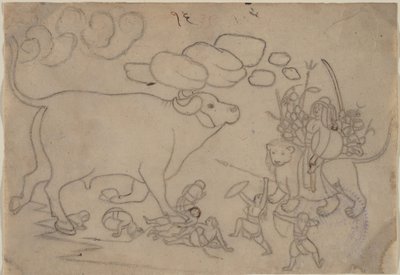 Durga Confronts the Buffalo Demon Mahisha: Scene from the Devi Mahatmya by a first generation master after Nainsukh
