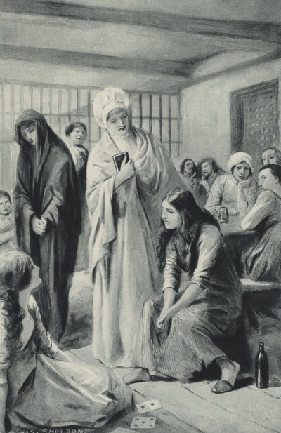 Elizabeth Fry walking freely in and out of the dungeons of Newgate by after Charles Mills Sheldon