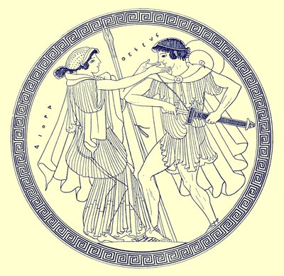 Theseus and Aethra, illustration from Greek Vase Paintings by J. E. Harrison and D. S. MacColl, published 1894 by after English School