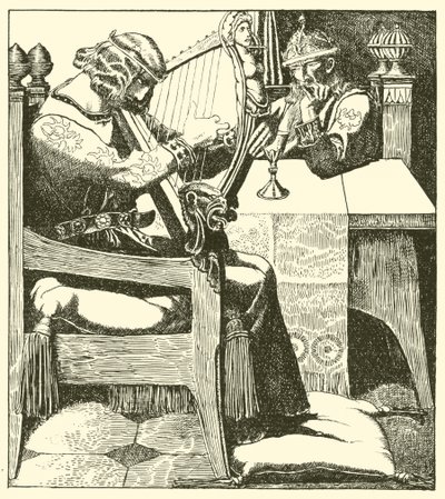 Sir Tristram harps before King Mark by after Howard Pyle
