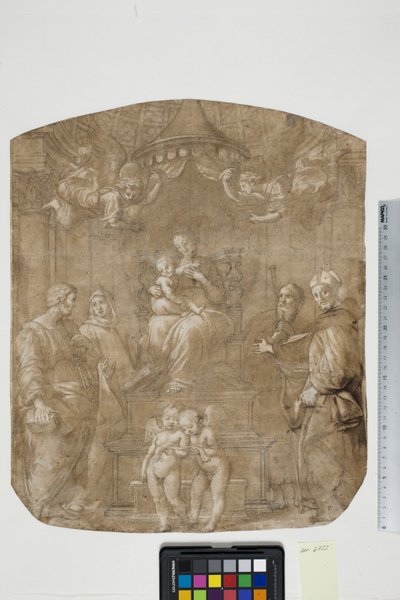 Madonna and Child with Sts Peter, Bernard (or Bruno), James, Augustine and four angels, Madonna del Baldacchino by after Raphael