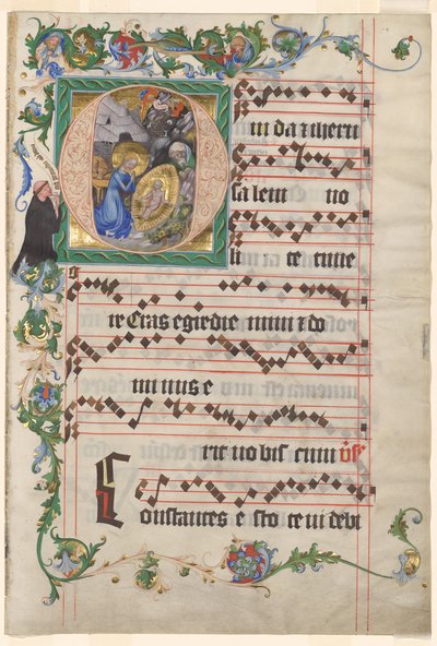 Bifolio from an Antiphonary: Historiated Initial O with the Nativity by after a work attributed to Zhou Wenju