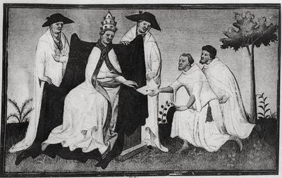 Matteo Polo and Nicolo Polo (d.1299) taking leave of Pope Gregory X (1210-76) from the Livre des Merveilles du Monde by and workshop Boucicaut Master