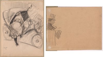 Woman Entering a Fiacre (recto); Right Profile of Man Wearing Tall Hat (verso) by attributed to Jean Louis Forain