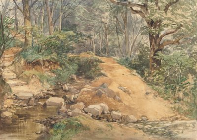 Woodland Scene with a Path Across a Stream by attributed to John Middleton