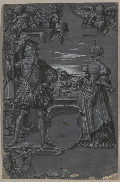 Design for Glass Painting: Man and Woman in Architectural Setting by attributed to Tobias Stimmer