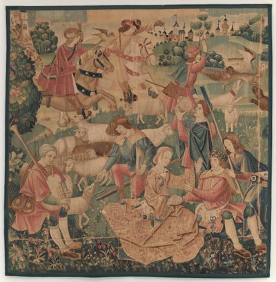 Hunting and Pastoral Scenes, with a wreathed hero between ladies by design probably French 16th Century, Paris; woven in southern Netherlands or Paris in an undetermine workshop