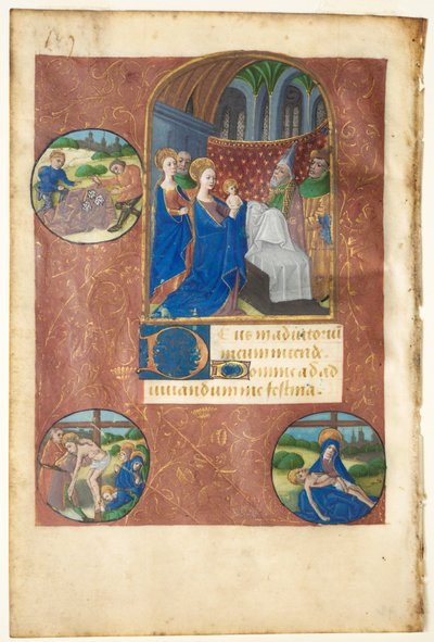 Leaf from a Book of Hours: Presentation in the Temple with Roundels of the Casting of Lots, the Deposition, and Pietà (None, Office of the Virgin) by follower of Master of Adélaïde de Savoie