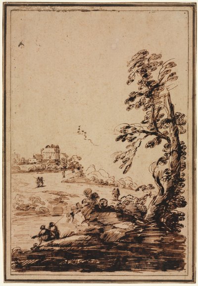 Landscape with Small Group of Buildings by imitator of Guercino