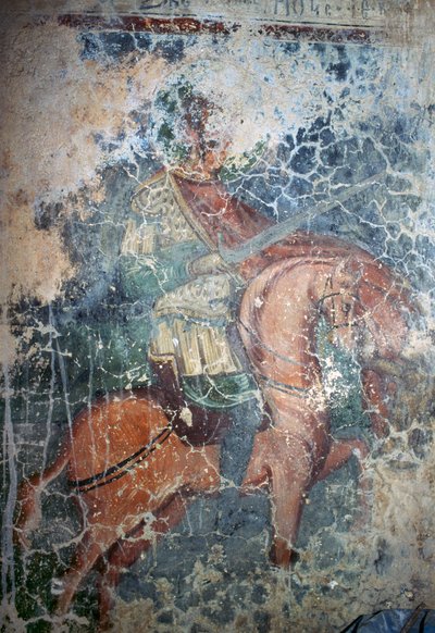 Man on horseback with sword, fresco in Byzantine church of Agios Athanasios, Kefali, Crete, Greece by Theodore Charles Ange Coquelin