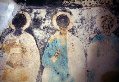 Figures of saints, fresco in monastery of Taxiarhis Mihail Roukouniotis, Panormitis, Symi island, Greece by Unbekannt Unbekannt