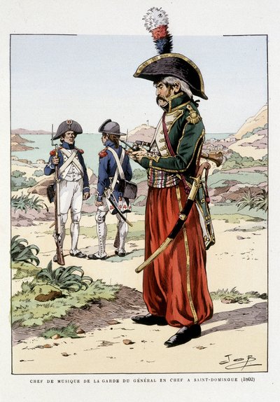 Chef de musique de la garde du général en chef à St Domingo en 1802 - in “Outfit des troupes de France: armee de terre et de mer à toutes les epoques”, ill. de Job by pseudonym for Onfray de Breville Jacques Job