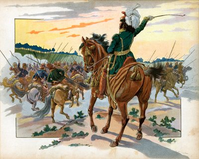 During the Russian campaign, Joachim Murat advanced alone against the Cossacks and placed them behind by his presence alone. Engraving by Jacques Marie Gaston Onfray de Breville by pseudonym for Onfray de Breville Jacques Job