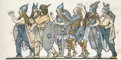 Gallic warriors with their helmets, swords and shields. in 