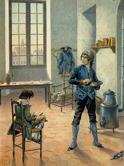 Napoleon I Bonaparte in garrison at Auxonne with his brother Louis Bonaparte reading between 1788 and 1789. Illustration by Jacques Marie Gaston Onfray de Breville dit JOB by pseudonym for Onfray de Breville Jacques Job