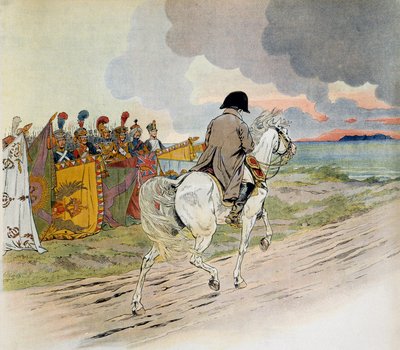 Napoleon passing in front of his troops on horseback when he left in Exile on the island of Elba. Illustration by Jacques Marie Gaston Onfray de Breville dit JOB by pseudonym for Onfray de Breville Jacques Job