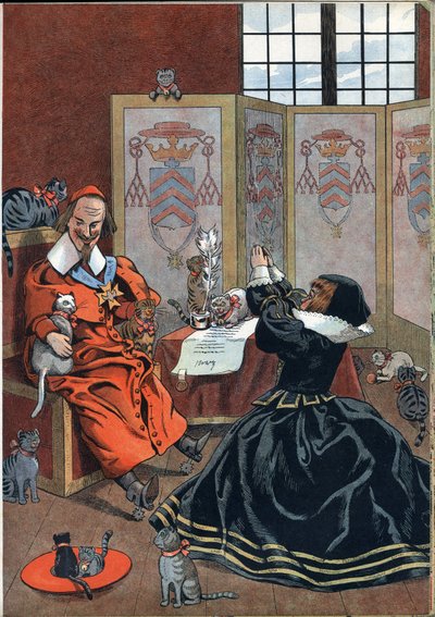 Scene of the history of France in toys: woman begging for the forgiveness of Cardinal Richelieu (1585-1642) surrounded by cats. In Joujoux a l
