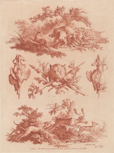 Hunting Trophies and Vignettes with Dogs Chasing a Boar and a Stag by the Elder and Jean Baptiste Hüet Gilles Demarteau