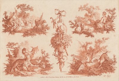Two Pastoral Vignettes, Two Hunting Vignettes, and a Trophy by the Elder and Jean Baptiste Hüet Gilles Demarteau