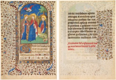 Leaf from a Book of Hours: Sts. Geneviève, Catherine of Alexandria, and Margaret (recto) and Text (verso) by workshop of Boucicaut Master