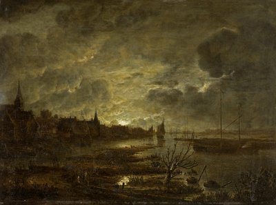 A Village on a River by Moonlight, c.1645-1700  by Aert van der Neer