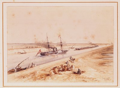 A Turkish Paddle Steamer Going Up the Suez Canal, from a souvenir album to commemorate the Voyage of Empress Eugenie (1826-1920) at the Inauguration in 1869  by Edouard Riou