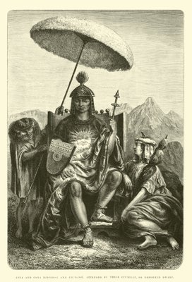 Inca and Coya (Emperor and Empress), attended by their Ccumillu, or Deformed Dwarf  by Edouard Riou