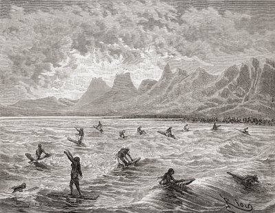 Hawaiians surfing, illustration from 