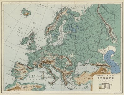 Physical map of Europe colour - English School Physical Map Of Europe (colour Litho) (MeisterDrucke 1493308) 