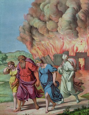 Lots wife looks back at Sodom and is changed into a pillar of salt,  illustration for a catechism